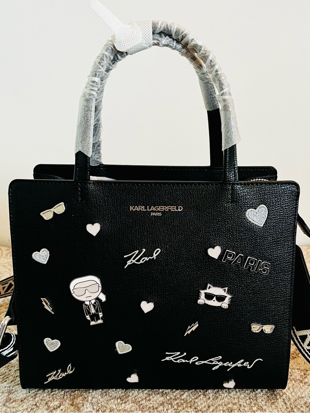 NWT Karl Lagerfeld Paris Maybelle Black Shimmer Leather Handbag, Enamel Accents